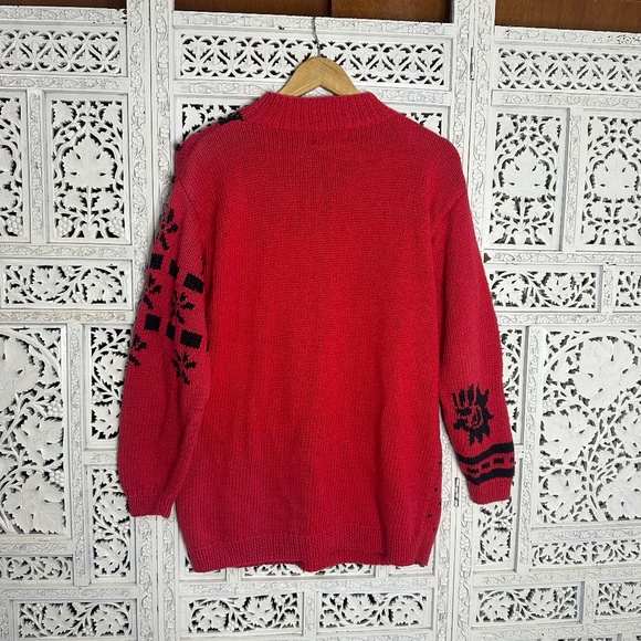 Vintage Black & Red Patchwork Chunky Mockneck Grannycore Grandpa Sweater Sz S - Picture 6 of 8